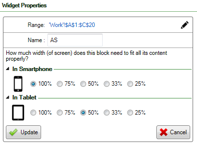Screenshot of a spreadsheet where responsive blocks have been defined