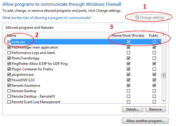 Screenshot of the Windows Firewall settings in Windows 7