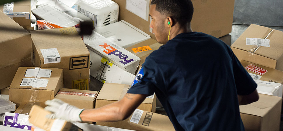 Photo of a Fedex employee sorting parcels