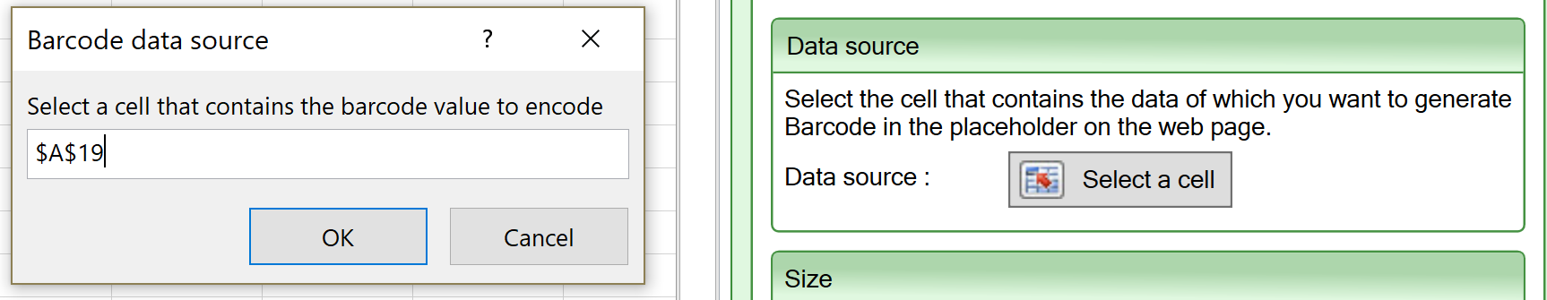 Screenshot of the Data source setting for the Barcode widget