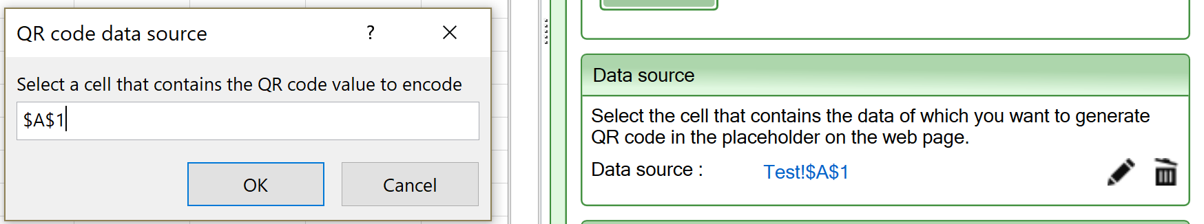 Screenshot of the Data source setting for the QR code widget