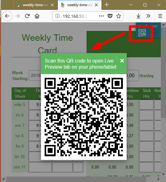 Screenshot of a QR code created from the Live Preview toolbar