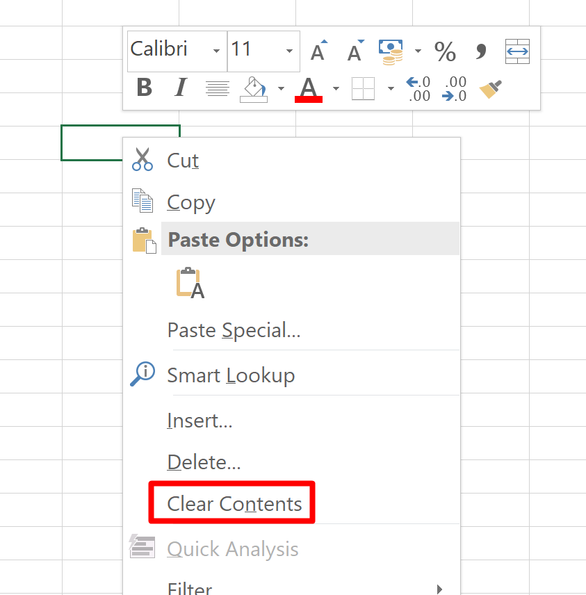 Screenshot of the right-click menu for cells in Excel