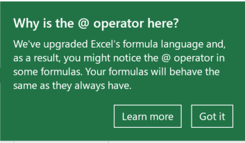 Screenshot of a warning message in Excel regarding the implicit intersection operator @