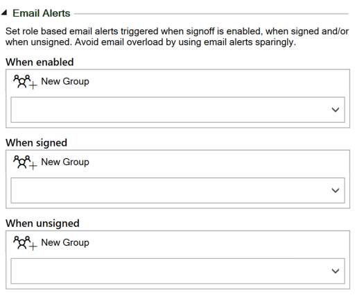 Screenshot of the Email Alerts group of settings for the SignOff widget