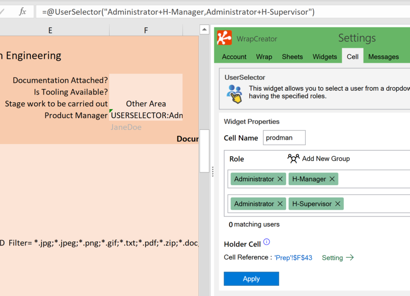 Screenshot of the UserSelector widget with a holder cell