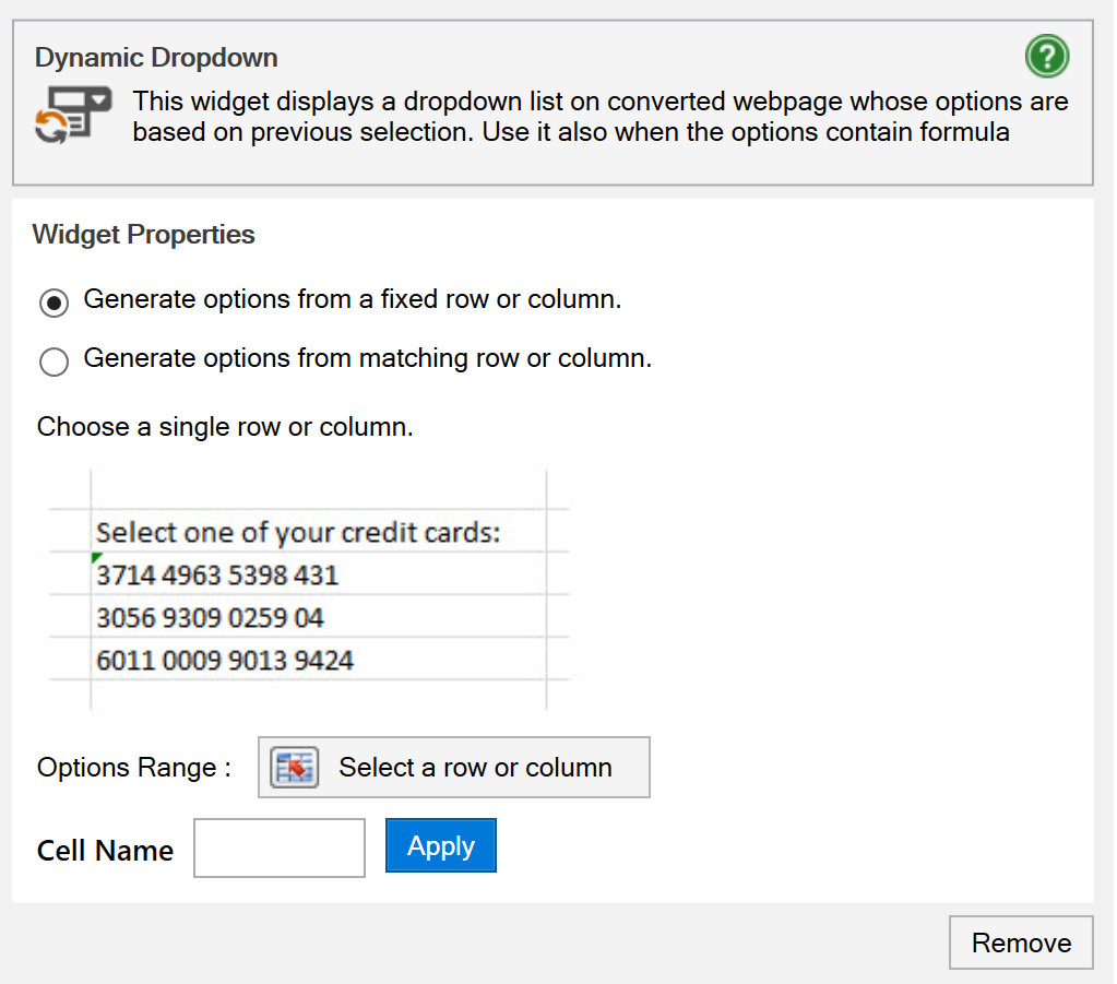 Screenshot of the options range and lookup cell options for a dynamic dropdown menu with fixed rows or columns.