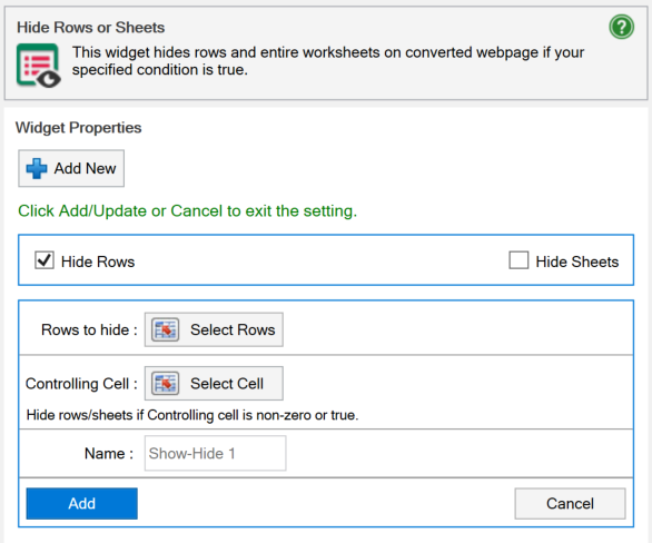 Screenshot of the Hide Rows/Sheets widget used to hide rows