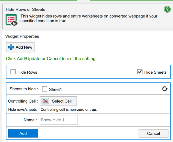 Screenshot of the Hide Rows/Sheets widget used to hide sheets