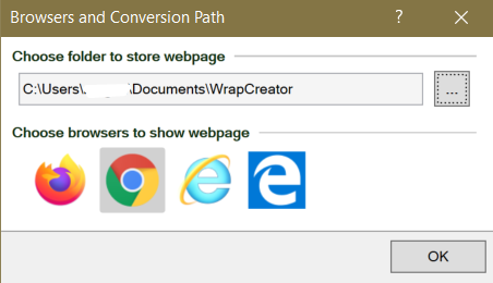 Screenshot of the Browsers and Conversion path options in the Convert section of the WrapCreator ribbon
