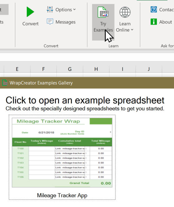 Screenshot of the Try Examples window from the Learn section of the WrapCreator ribbon