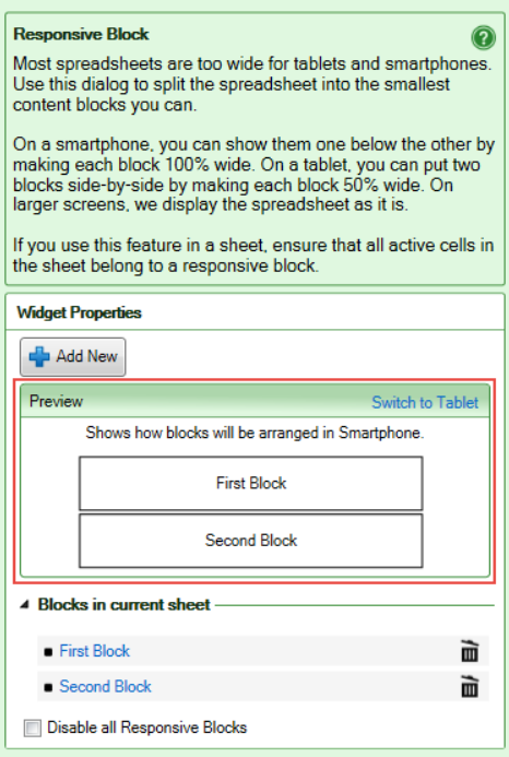 Screenshot of the Preview tool for resonsive blocks on phones