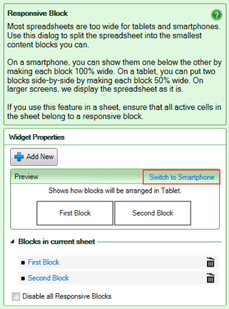Screenshot of the Preview tool for resonsive blocks on tablets