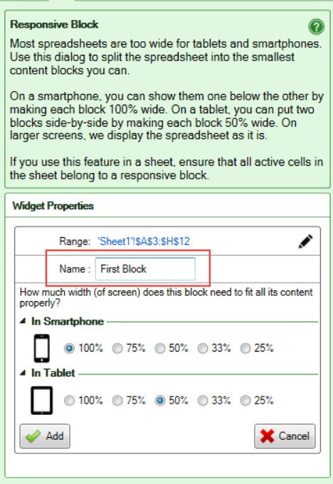 Screenshot of the Name setting for a Responsive Block
