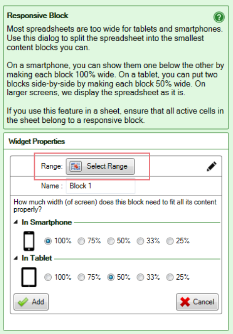 Screenshot of the Select Range button in the settings for Responsive Blocks