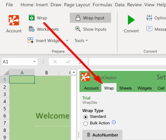 Screenshot of the Wrap shortcut in the ribbon to the Wrap tab on the WrapCreator task pane