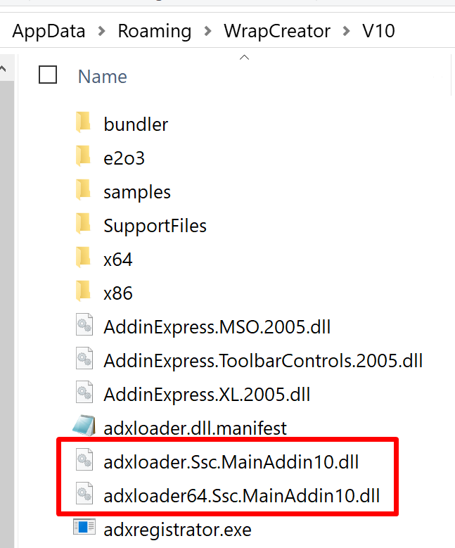 Screenshot of the adxloader files in the installation folder for WrapCreator