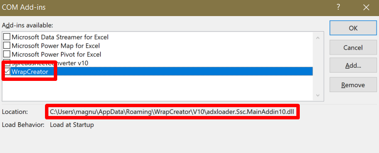Scrrenshot of WrapCreator listed as an installed COM add-in in Excel