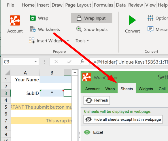 Screenshot of the Worksheets shortcut to the WrapCreator task pane
