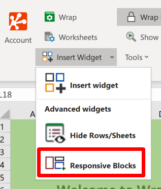 Screenshot of the Responsive Blocks option in the Prepare section of the WrapCreator ribbon