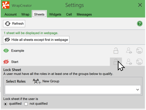 Screenshot of the Lock Sheet option on the Sheets tab in the task pane