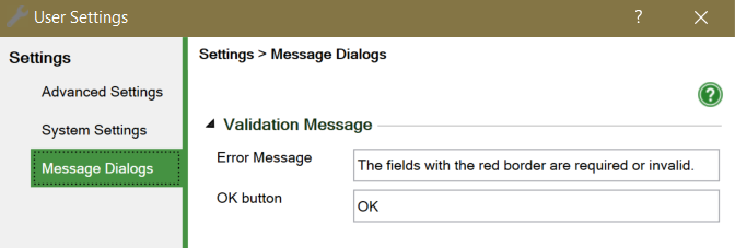 Screenshot of the Message Dialogs setting for WrapCreator