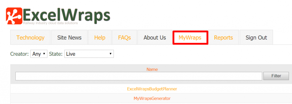 Screenshot of the MyWraps tab on the start page of a Wrapsite