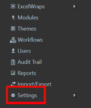 Screenshot of the Settings link in the sidebar of the Administration dashboard