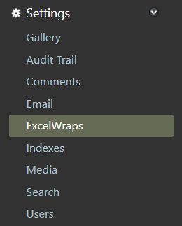 Screenshot of the Settings link group on the ExcelWraps Administration dashboard