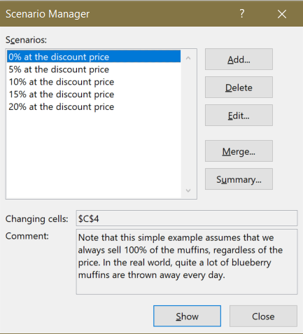 Screenshot of the Scenario Manager with five scenarios for 0%, 5%. 10%, 15%, and 20% sold at the discounted price