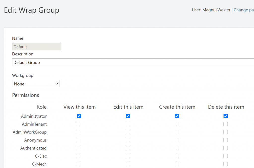 Screenshot of the Role permissions for a Wrapgroup