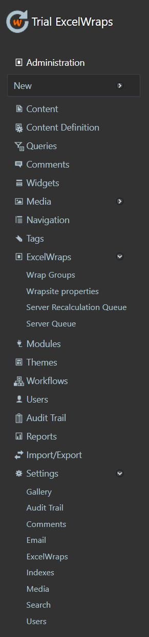 Screenshot of the backend Administration dashboard for the ExcelWraps server