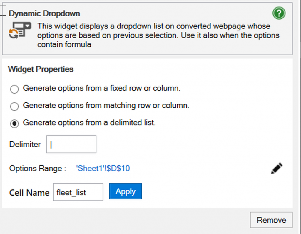Screenshot of the settings for a Dynamic Dropdown from a delimited list