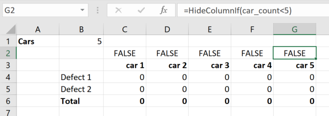 Screenshot of a HideColumnIf function call
