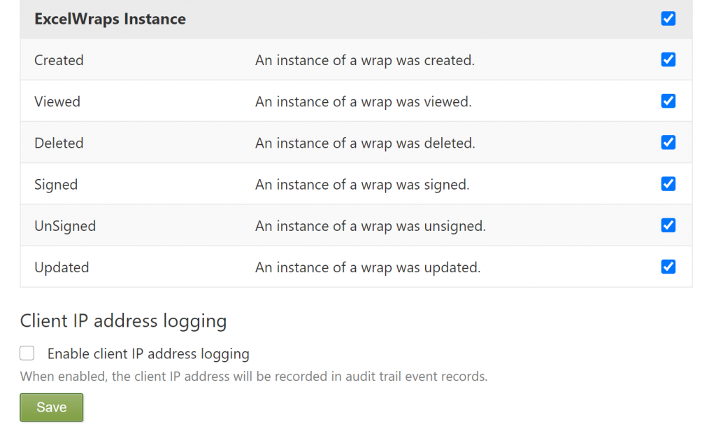 Screenshot of the Client Ip address logging setting for the Audit Trail