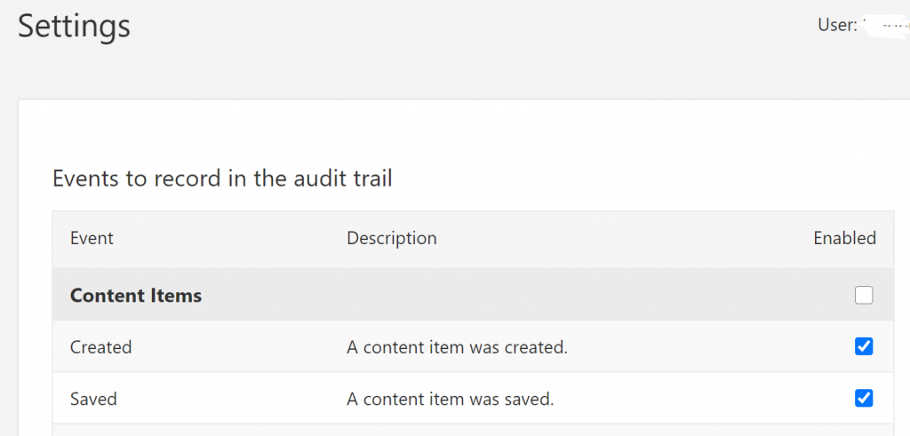 Screenshot of the Audit Trail settings