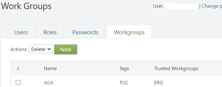Screenshot of the Workgroups tab on the Users section of the Administration dashboard