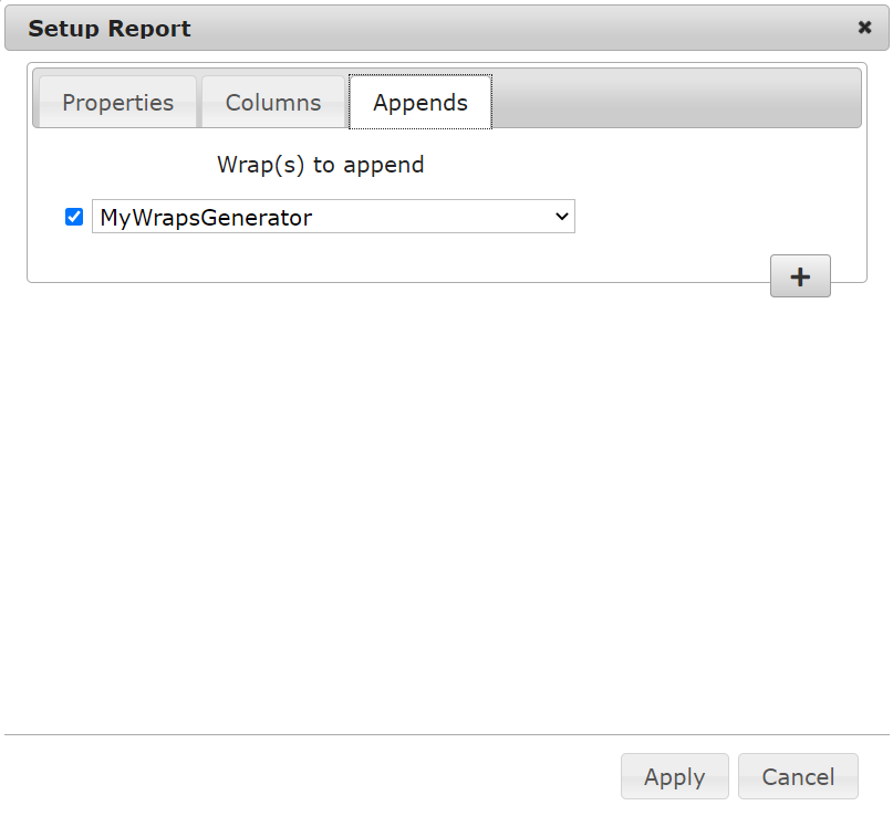 Screenshot of the Append tab for MyWraps report setup