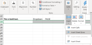 Screenshot of a spreadsheet. The user is inserting a new row below a row with widgets.