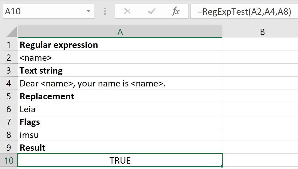 Screenshot of an example of using RegExpTest