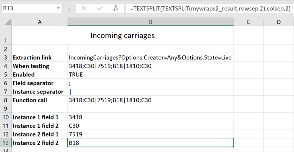 Screenshot of an example using TextSplit to parse data from MyWraps