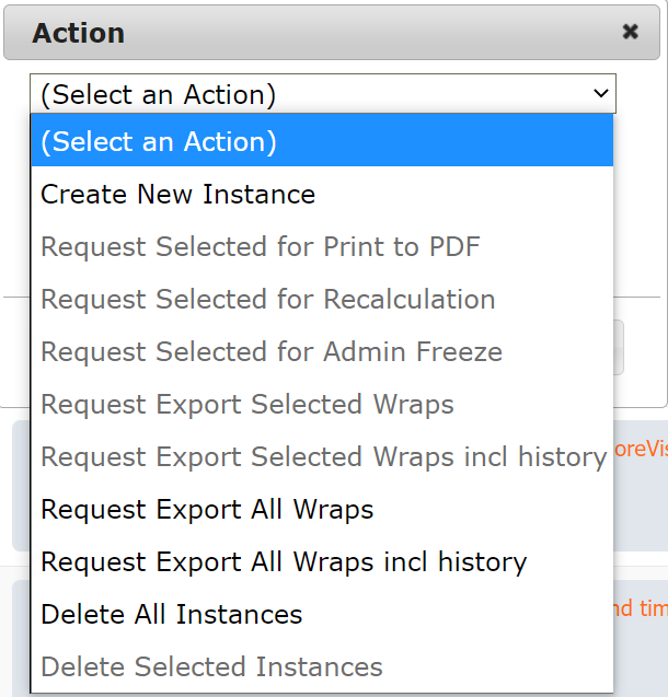 Screenshot of the Action menu in MyWraps