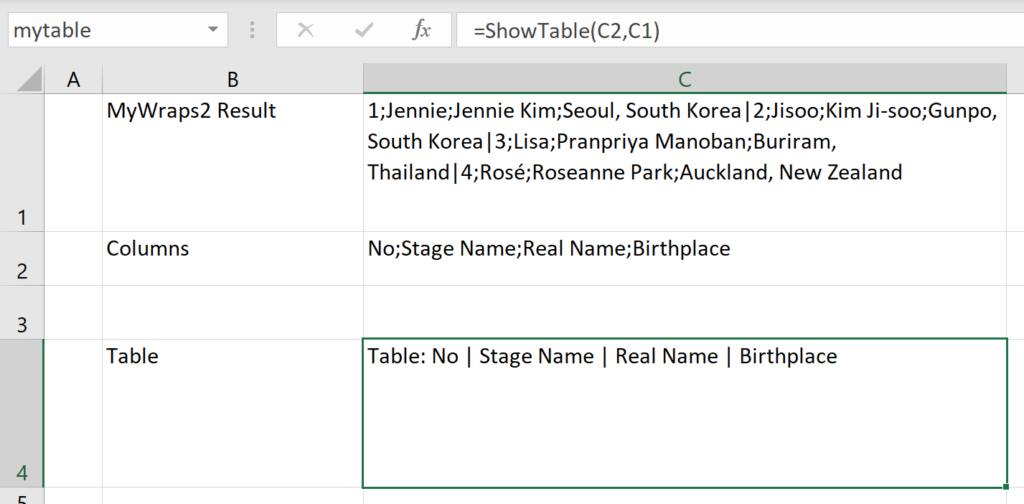 Screenshot of a spreadsheet with a ShowTable function
