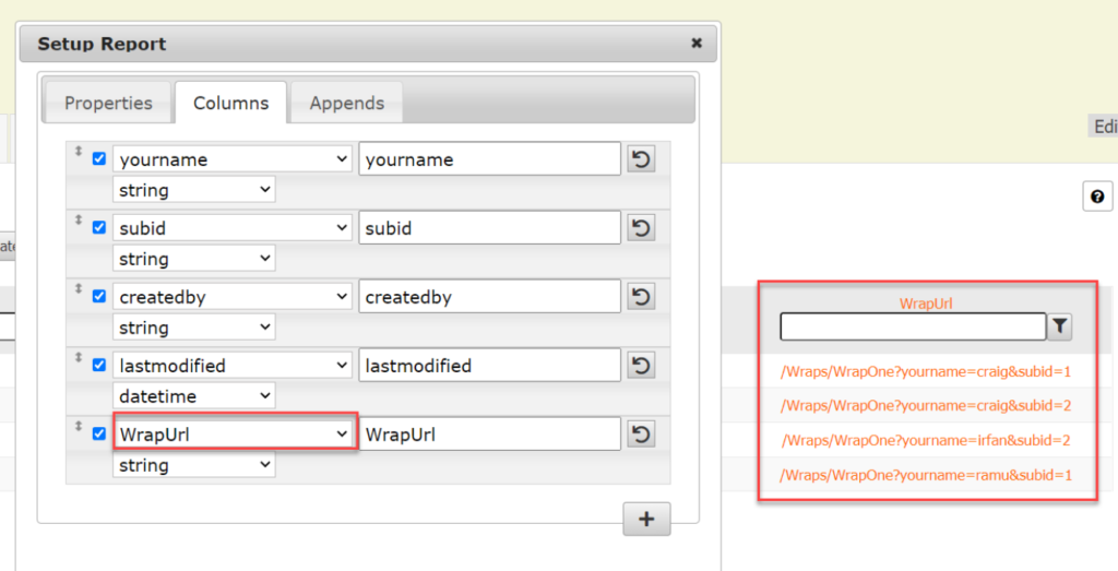 Screenshot of the reserved WrapUrl column generating a link to each wrap in the report