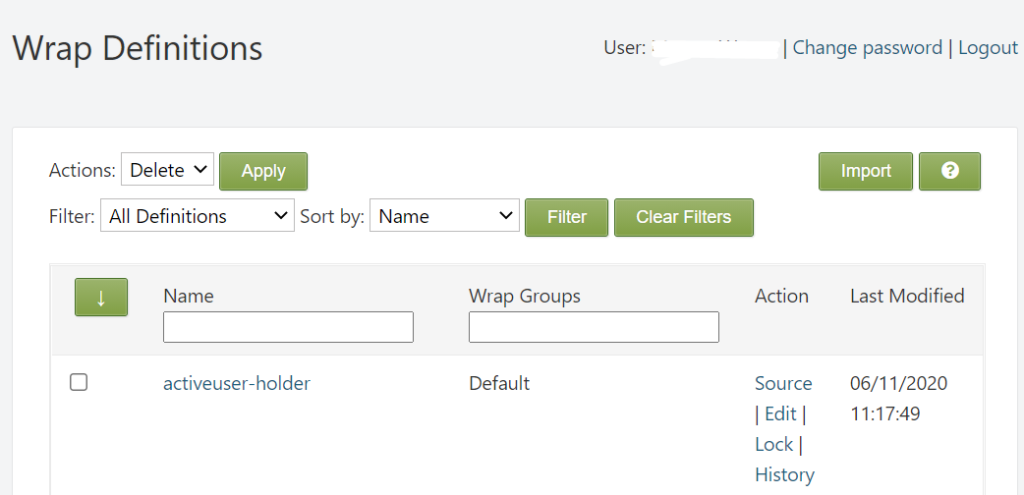 Screenshot of the Wrap Definitions on the ExcelWraps tab of the Administration dashboard