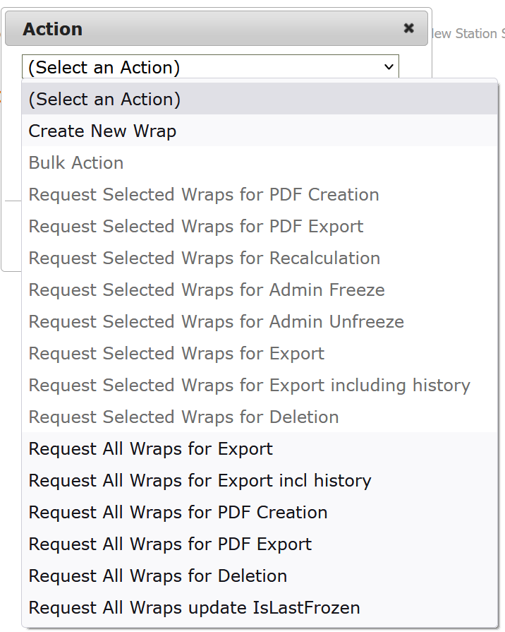 Screenshot of the Action menu in MyWraps