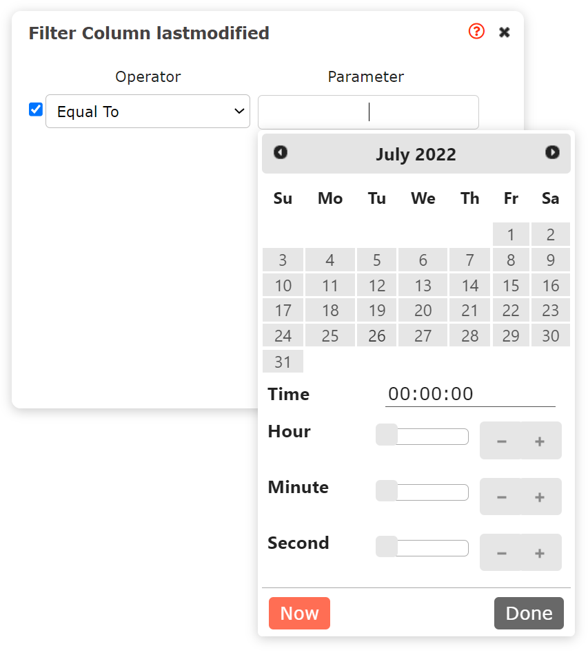 Screenshot of the calendar widget used in the filter column wizard in MyWraps