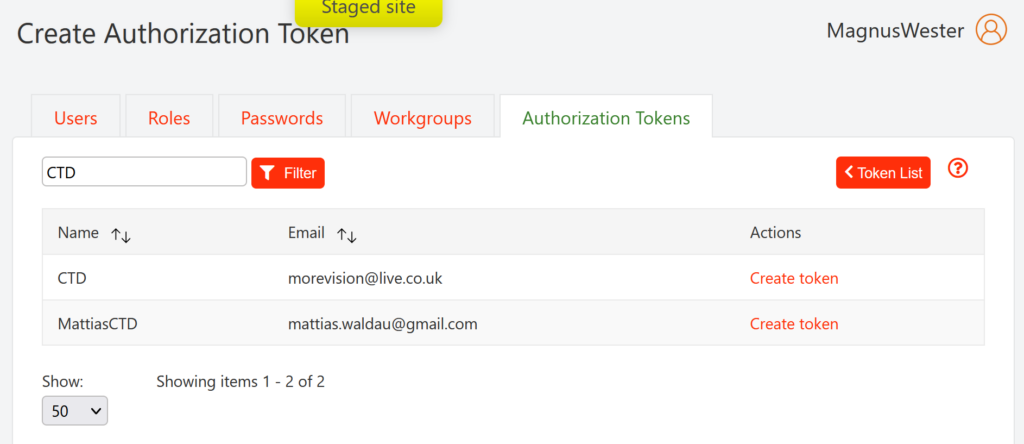 Screenshot of the user list for authorization tokens on the Users tab of the ExcelWraps Administrative dashboard. 